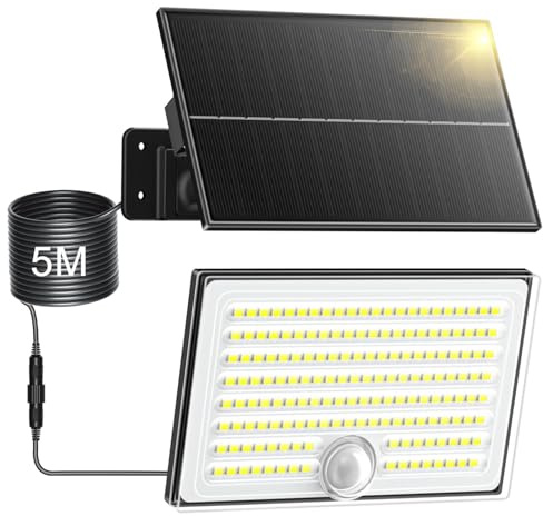 Realky Solarlampen für Außen mit Bewegungsmelder, IP65 Wasserdichte Solar Strahler mit 5m Kabel für Garage, Garten, Hof, Stufen, Haustüren-1 STÜCK