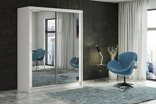 Modern Sliding Double Door Wardrobe with Full Size Mirror, 2/3 Doors, up to 8 Drawers and 4 Hanging Rails Colours: WHITE/BLACK/OAK/GREY Width: 100cm/120cm/150cm/180cm/200cm (White, 100cm no Drawers)