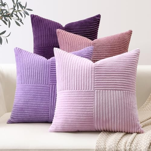 Sungeek 4er Set Cord Kissenbezüge, Kreuz Streifen Muster Kordsamt Kissenbezug Sofakissen Dekokissen Patchwork Design Deko Zierkissenbezüge Kissenhülle für Wohnzimmer (40x40cm, Lila)