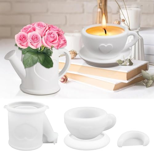 AKONE 2 Sätze Gipsformen zum Gießen mit Gießkanne und Teelichtbecher, Silikonformen Gießformen Vase, Silikonform Teelichthalter, Raysin Gießformen Sommer Formen für Gips Gießen
