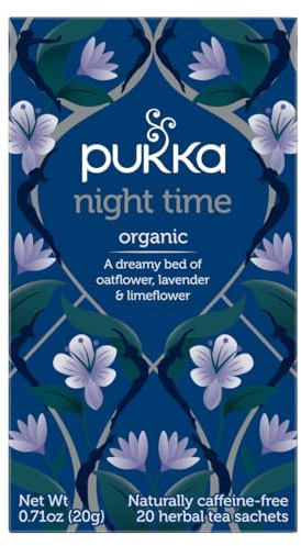 Pukka Herbs, Night Time Organic Herbal Sleep Tea Box, Chamomile, Lavender, Oat Flower, & Limeflower, Natural For Bedtime Relaxation, Caffeine Free, 20 Plant Based Biodegradable Tea Bags