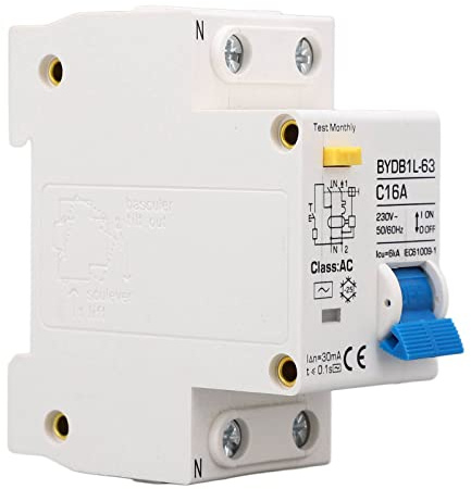 Yosoo Health Gear DIN Rail Circuit Breaker, 1P+N AC 16A, Earth Leakage Switch