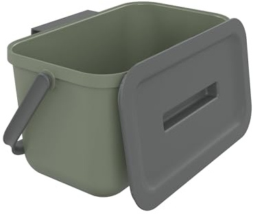 SUNDIS Loops, poubelle de tri sélectif d’intérieur 4L, rectangulaire, en plastique recyclé vert, avec couvercle et anse, idéale déchets organiques, pour cuisine, cantine, restaurant, salle de pause