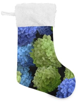 OTVEE Blue Green Hydrangea Flowers Christmas Stockings 2 Piece, 17.7 inches Velvet Hanging Decorations Stockings for Family Holiday Fireplace Xmas Tree Party
