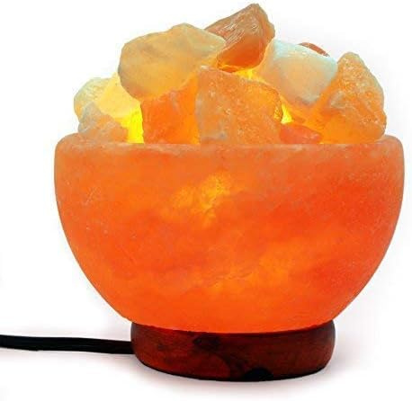 Himalayan Salt Lamp Bowl with Natural Crystal Chunks, USB Cord and Classic Wood Base Premium Quality from Himalayas