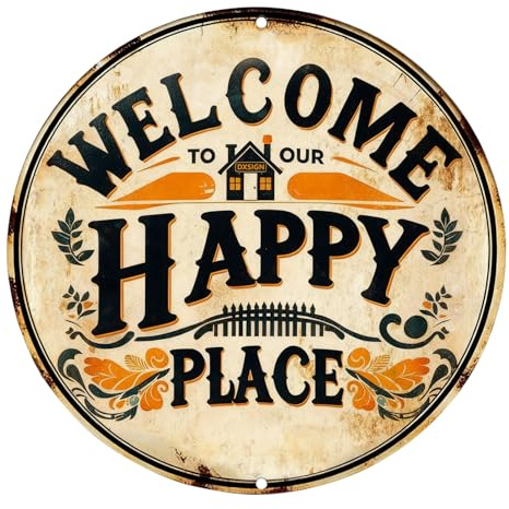 Welcome to Our Happy Place Metal Signs, Vintage Round Wall Decor with Floral Design, Rustic Door Plaque, Welcome Home Decorations for Home, Door, Garden, Cafe Bar Decor 8x8 Inch
