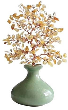 KXQYIKYI Edelstein-Geldbaum mit Kleiner Keramikvase, Zuhause anziehende Reichtumsornamente, Bürokristall-Glücksbaum-Kristallbaum, Beige