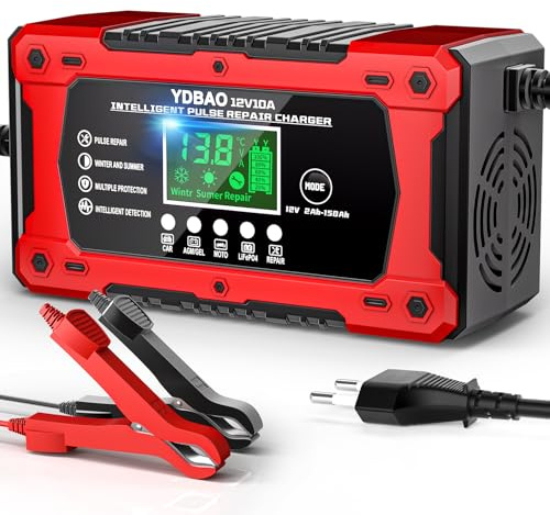 Autobatterie Ladegerät 10A Batterieladegerät 12V LCD Display Reparaturmodus | Intelligentes Ladegerät Autobatterie mit Temperaturkompensation für Auto und Motorrad 12V Blei Säure AGM Gel SLI LiFePO4