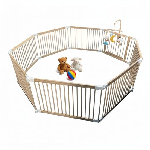 Relaxdays Laufstall Baby, Flexibles Laufgitter mit Tür, Natur | 8 Panel HxB: 61 x 84,5 cm, sichere Spielecke, Kiefernholz