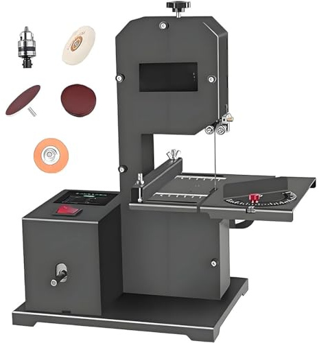 HuanEssentric 800W Sierra Cinta Mesa,Máquina Corte Madera,Motor Cobre Puro,Altura Corte 70 Mm,Garganta 90 Mm,Base Metal Reforzada,Cortes Biselados 0 a 45° para Pequeños Talleres