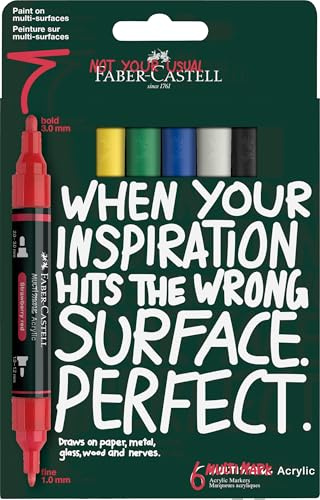 FABER-CASTELL - Multimark Acrylic Marker Set Basic, 6 Farben | 6 Acrylmarker mit Doppelspitze, wasserfest und schnelltrocknend