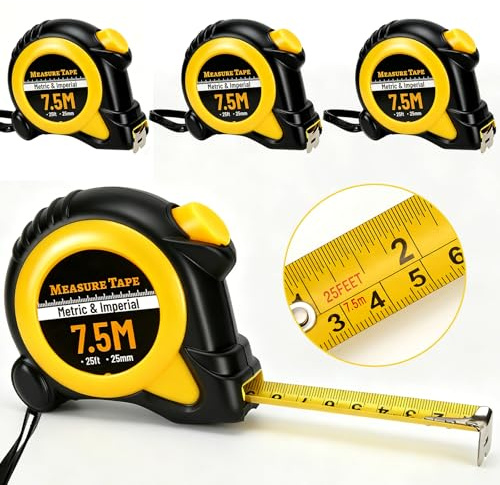 4 PCS Tape Measure Heavy-Duty - Dual Metric and Imperial measurements, Retractable, Thumb lock, Belt clip, Wrist strap, Shock Protection. Built for Accuracy,7.5m /25ft