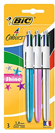 BIC 4 Colours Shine Ballpoint Pens Medium Point (1.0 mm) – Assorted Metallic Barrels, Pack of 2+1