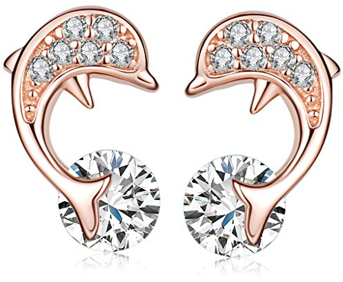 Yumilok Boucle d'oreille en argent 925 clou et puce femme fille en forme dauphin orné zircon brillant cadeau d'anniversaire