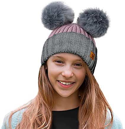4sold Rita Barnmössa för vintern, stil beanie, stickad mössa med pälstofs, toppluva, huvudbonad, skidåkning, snowboard, En Storlek