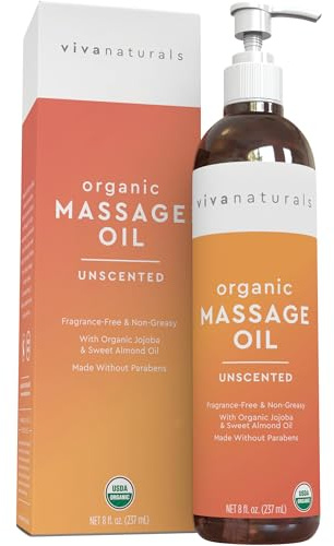 Viva Naturals Organic Massage Oil, Unscented, 8 fl oz (237 mL) – Non-Greasy, Certified Organic Massage Therapy Oils