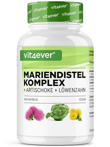 Complesso di cardo mariano, carciofo e dente di leone - 240 capsule (fornitura per 4 mesi) - Altamente dosato con 80% di silimarina e 2,5% di cinarina - Vegan