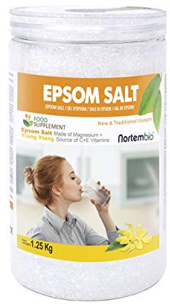Nortembio Sal de Epsom Alimentaria 1,25 Kg. Magnesio para Tomar. Fuente de Vitaminas C y E + Extracto Ecológico de Ylang Ylang. Sal de Higuera. Limpieza de Hígado. Cacito Dosificador Incluido.