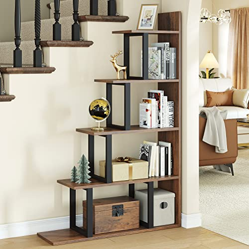 YITAHOME Libreria a 5 livelli, libreria angolare a forma di L, stile industriale, vintage, per soggiorno, camera da letto, corridoio, ufficio, marrone retrò