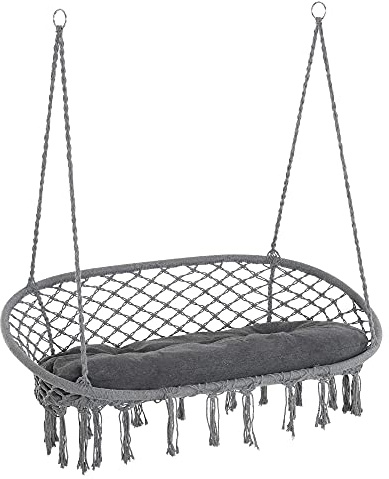 Outsunny 2-Seater Hanging Hammock Chair Soft Cushion Dark Grey | Macrame Hanging Rope Chair, Cotton-Polyester Blend, Metal Frame, Patio, Garden, Balcony, Living Room