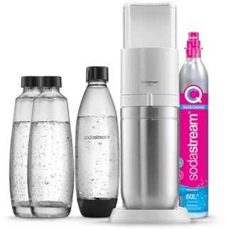 SodaStream Duo Maschine mit Sprudelwasser für Glaskaraffe | Pack 2 Glaskaraffen 1 l + 1 Flasche 1 l spülmaschinenfest + 1 Gasnachfüllung, 60 l Clipser | Weiß []