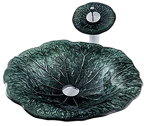 XYEJL Art Spüle in Lotusblattform, Gehärtetes Glas Waschbecken Set, Modern Einfach Waschbecken Klein Mini Handwaschbecken, Mit Wasserfall Wasserhahn Montagering Und Abflussrohr,A