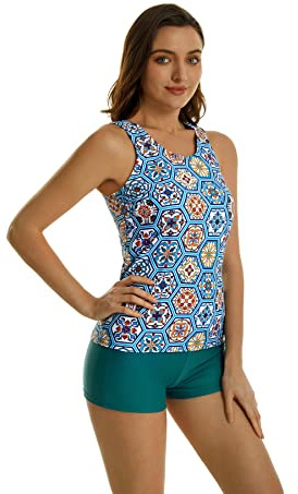 2-delad Tankini baddräkter för kvinnor simlinne baddräkter med pojkshorts och bh Atletiska badkläder (L, J4)