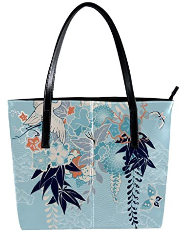 Schultertasche Leicht Casual Schultasche Lehrertasche Handtasche Geldbörse Blau Japanisch Kimono Motiv Kran Blumen Muster, Mehrfarbig