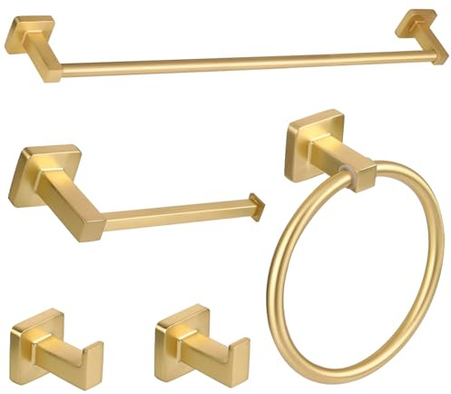 Ntipox 5 Pieces Brushed Gold Bathroom Hardware Accessories Set,Stainless Steel 23.6 Hand Towel Bar Set Gold, Toilet Paper Holder, Towel Holder Set,Towel Rack Set for Bathroom