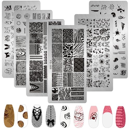 MWOOT 6 Stücke Nagel Schablone Stempel, Schmetterling Blume Spitze Katze Hund Schlange Thema Nagel Kunst Stempelplatte, Nail Art Plates Nagelstempel Maniküre Tool Kit