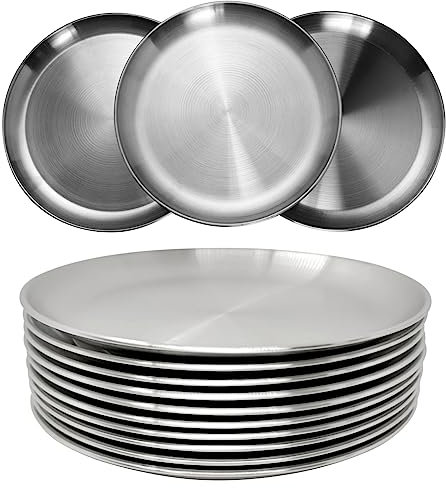 WANBY Piatti in acciaio inossidabile inox 304 metallo piatto in acciaio leggero Unbreakable cena piatti Set di piatti non tossine lavastoviglie Safe BPA libero e sano (23cm 10 Pezzi)