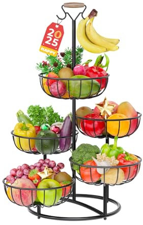 PouHenier.jh 5 Etagen Schwarz Obstkorb Obstschale, Groß Mehrstöckig Küche Gemüsekorb mit Bananenhalter, Hoch Metall Rund Obst Etagere Aufbewahrung Obstregal, Eckig Obstbehälter, Einfache Einrichtung