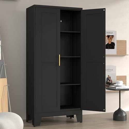 Winiowa Metal Pantry Cabinet with 2 Doors and Adjustable Shelves, 61Kitchen Storage Cabinet with Gold Handles, Versatile Storage for Laundry, Living, Bathroom, Dining, Utility Room - Black