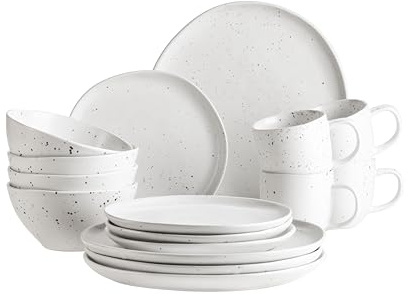 MÄSER 934007 Serie Andoro, Set di stoviglie vintage semi-opaco lucido per 4 persone, set combinato da 16 pezzi con smalto bianco e macchie grigio scuro, gres