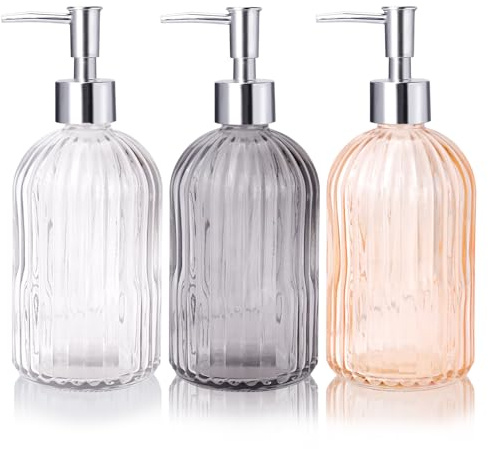 RETON 3 Stück Handwaschspender, 400 ml, Klarglas-Seifenspender mit rostfreier Kunststoffpumpe, nachfüllbarer Flüssigseifenspender für Badezimmer, Handseifenspender für Küchenarbeitsplatte