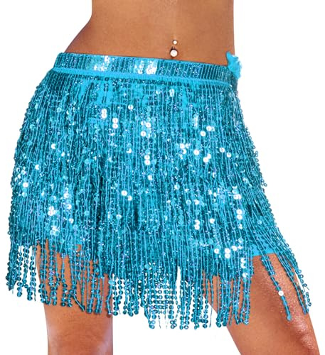 Monbessi Falda con lentejuelas para danza del vientre linda falda danza para mujeres y niñas Festival de Danza, azul, Talla única
