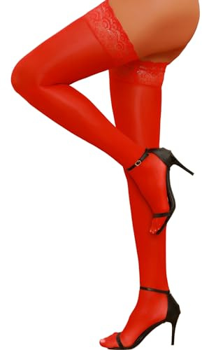 himifuns Thigh High Stockings for Women Sheer Lace Top Stocking Sexy Anti-Slip Silicone Pantyhose Hold Up Stockings for Women Red One Size
