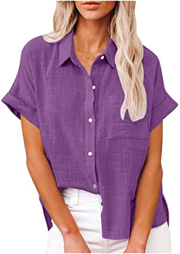 2024 Camisa Lino Mujer Manga Corta,Blusas Mujer Tallas Grandes Verano Moda Algodón y Lino Color Sólido Camisa Cuello en V Botones Camiseta Elegant Suelto Oficina Tops T-Shirt Original tee