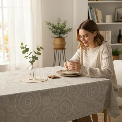 ECOMMERC3 Mantel Antimanchas Resinado Rectangular 180x140 Mandala Beige | Para el comedor de diario, antimanchas resinado, se lava en frío y se seca al aire, hecho en España