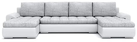 Mebligo - Ecksofa mit Schlaffunktion und Bettkasten Tokio III, Eckcouch aus Kunstleder, Sofa U Form 302x159x89 cm, Couch Wohnzimmer, Ecke Sofa Wohnlandschaft, Schlafsofa Hellgrau/Kunstleder Weiß