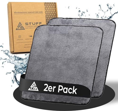 stuff from above® 2 Stück Premium Mikrofasertücher für Auto & Autolack 600GSM - Weich, flauschig & extra saugstark Autopflege Polier-Reinigungstuch & Trockentuch - Mikrofaser-Tuch 40x40cm grau-schwarz
