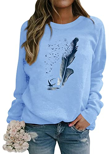 Dresswel Pullover Damen Feder Drucken Sweatshirt Langarmshirt Rundhals Langarm Shirts Herbst Winter Pulli Tops Oberteile Bluse(Blau,L)