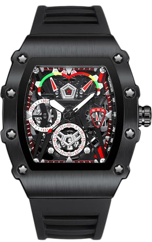 RORIOS Relojes de Pulsera Tonneau para Hombres Reloj Moda Cuarzo Reloj Luminoso Analógico Reloj Deportivo Acciaio inossidabile con Correa de Silicona Negro A