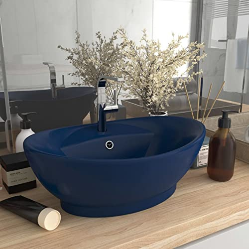 Brokky Lavabo con Troppopieno Ovale Blu Scuro Opaco 58,5x39cm Ceramica-Ceramica,Finitura Lucido - Lavandino Design Moderno Bacinella Lavamani Lavello Sanitari Bagno