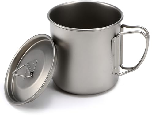 Brrnoo Tasse en Titane 450ml Légère pour Camping Randonnée Pique-nique avec Couvercle, Poignées Pliantes, Housse Filet