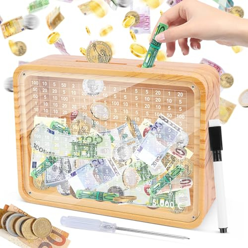 Spardose Holz mit Zähler Ankreuzen Sparbox mit Zahlen mit Sparziel 5,000 Euro Sparschwein Geldsparbox Spar Box Nicht zum Öffnen Deine Sparbüchse mit Sichtfenster für Erwachsene und Kinder