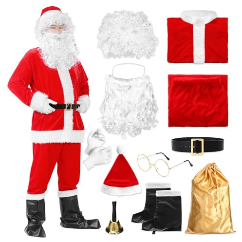 Ficlwigkis Santa Claus 11 Pcs Adult Men Costume - Father Christmas Outfit With Jacket, Pants, Hat, Wig, Beard, Glasses, Gloves, Golden Bag, Bell, Boot Covers, Belt - Luxury Santa Suit