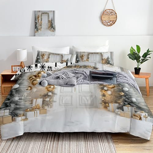 Housse De Couette 140*200Cm Ballons Dorés De Noël,Réversible Parure De Lit Noël 1 Personnes,Porte Blanche Ensemble De Literie Microfibre 2 Pièces Avec Fermeture Éclair + 1 Taie D'Oreiller 65*65 Cm