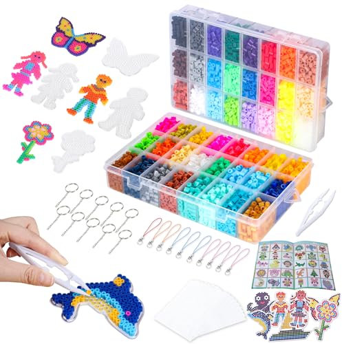 VynyQoo Bügelperlen Set, 8200 Stück 5 mm Bügelperlen in 48 Farben mit Bügelperlen Platten, Bügelpapier, Schlüsselringen, Pinzette – DIY Bastelset, für Kinder, Jungen & Mädchen