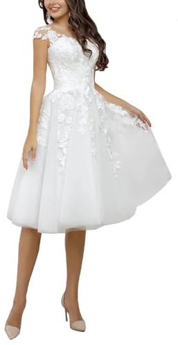 SZSFNMMY Brautkleid Kurz Tüll Brautkleid mit Spitzenapplikationen Ärmellos Knielang Hochzeitskleid für Frauen, Weiß 1, 44/Mehr Größe